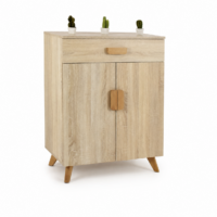 Meuble de rangement en bois décor chêne clair avec un tiroir, deux portes et pieds en bois massif, style scandinave.