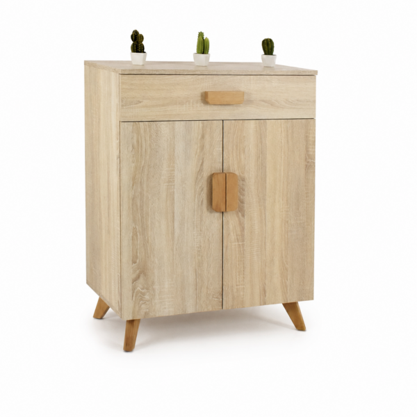 Meuble de rangement en bois décor chêne clair avec un tiroir, deux portes et pieds en bois massif, style scandinave.