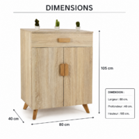 Meuble de rangement en bois décor chêne clair avec un tiroir, deux portes et pieds en bois massif, style scandinave.