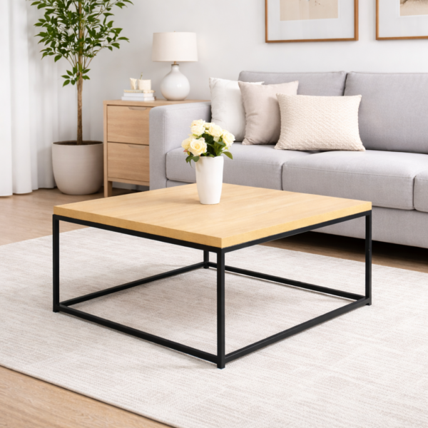 Table basse carrée en bois clair avec structure en métal noir, intégrée dans un salon moderne aux tons neutres et à la décoration minimaliste.