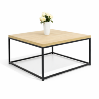 Table basse carrée en bois clair avec structure en métal noir, design moderne et épuré, idéale pour salon contemporain.