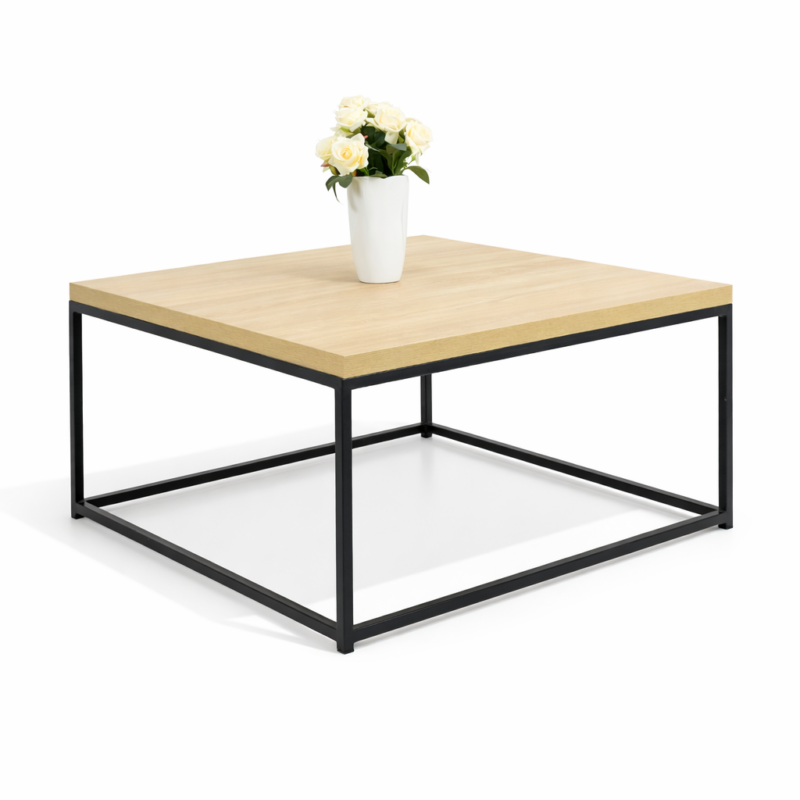 Table basse carrée en bois clair avec structure en métal noir, design moderne et épuré, idéale pour salon contemporain.