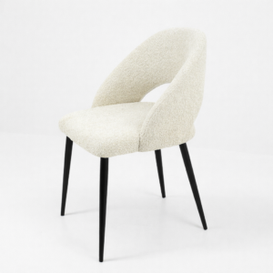 Chaise moderne rembourrée avec tissu beige et pieds noirs en métal, design élégant et confortable – Disponible en Tunisie.