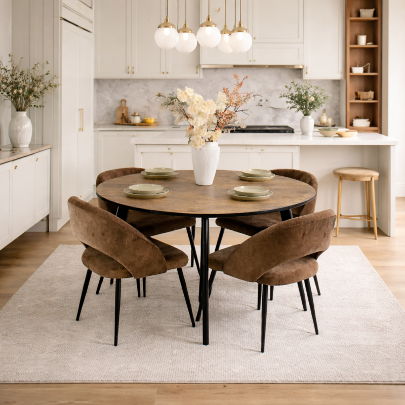 Salle à manger ronde moderne avec table en bois naturel et quatre chaises marron, intégrée dans une cuisine contemporaine chic aux tons clairs, avec éclairage design et finitions élégantes.