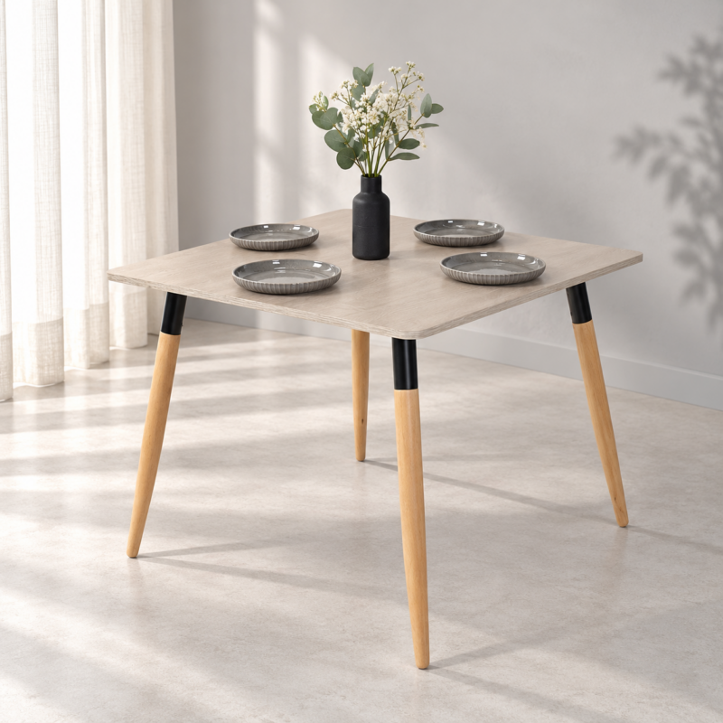 Table à manger carrée greige avec pieds en bois et détails noirs, design moderne