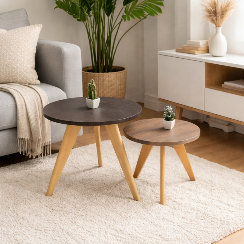 Ensemble de tables de coin rondes en bois naturel et foncé, intégrées dans un coin de salon moderne et élégant