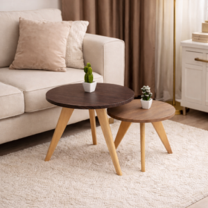 Ensemble de tables de coin rondes en bois naturel et foncé, intégrées dans un coin de salon moderne et élégant