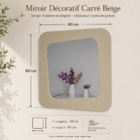 Miroir décoratif carré avec cadre beige aux angles arrondis, design moderne et élégant pour salon, chambre ou entrée.