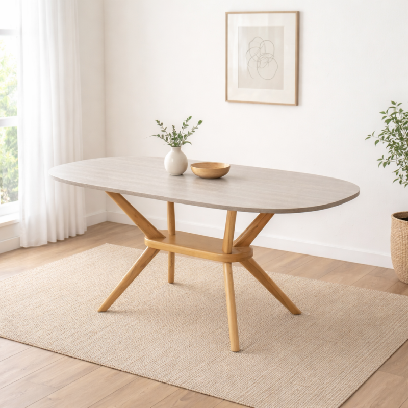 Table à manger ovale en bois clair avec pied central en bois naturel, décor minimaliste sans chaises et vase décoratif au centre