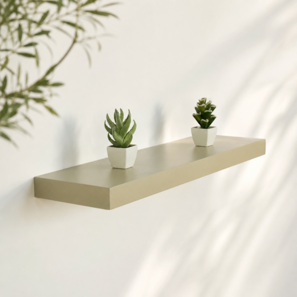 Étagère murale flottante beige fixée sur un mur blanc avec décoration minimaliste, idéale pour salon, chambre ou bureau.