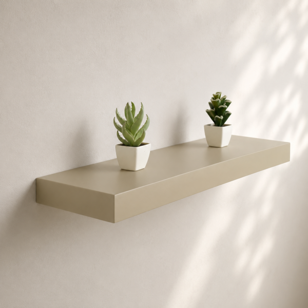 Étagère murale flottante beige fixée sur un mur blanc avec décoration minimaliste, idéale pour salon, chambre ou bureau.