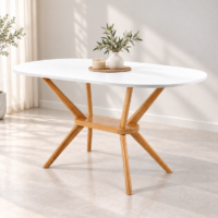 Table à manger ovale avec plateau blanc et pieds en bois naturel, intégrée dans un décor intérieur simple et assorti sans chaises