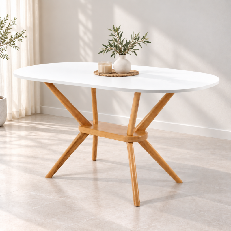 Table à manger ovale avec plateau blanc et pieds en bois naturel, intégrée dans un décor intérieur simple et assorti sans chaises