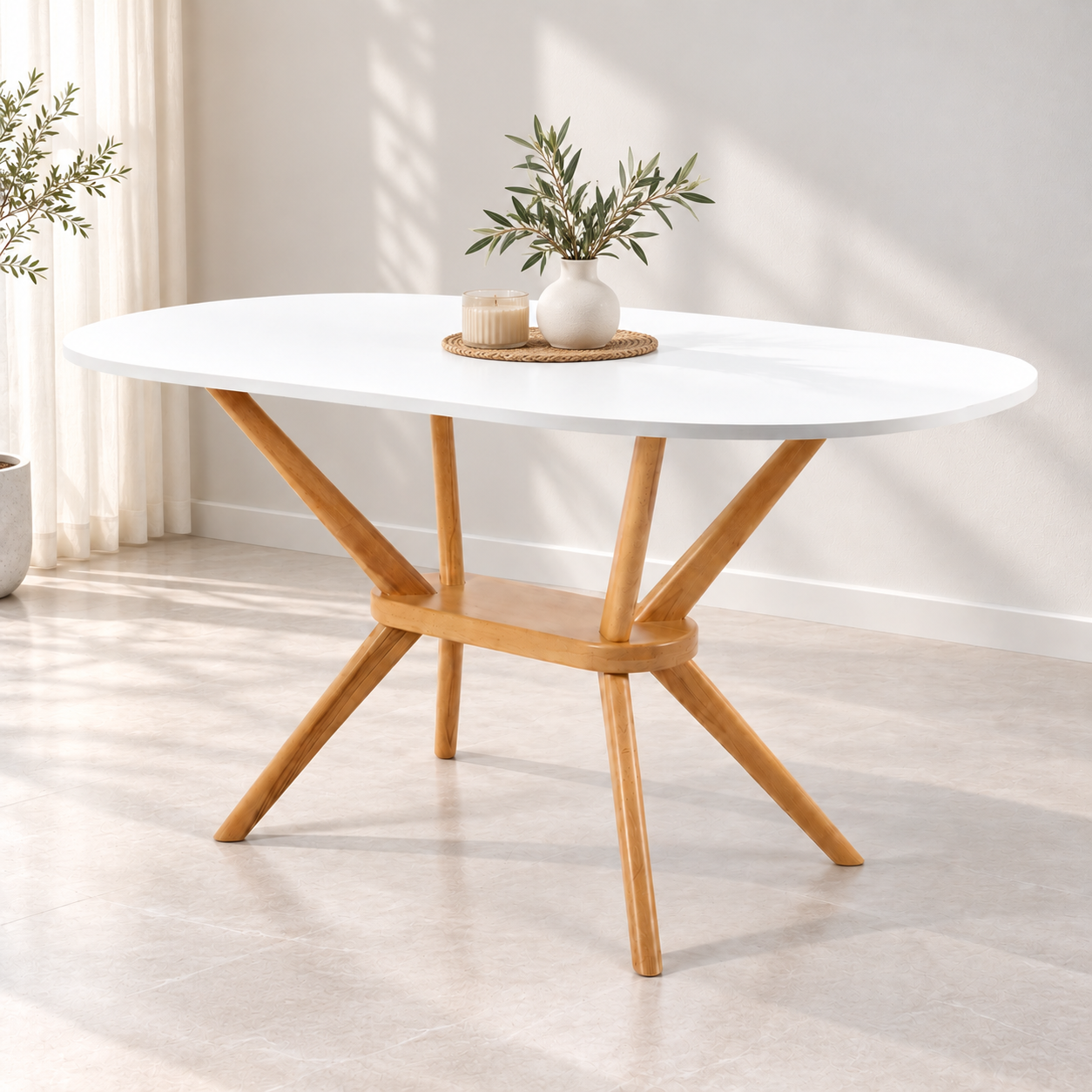 Table à manger ovale design plateau blanc et pieds en bois-decor minimaliste Table à manger ovale avec plateau blanc et pieds en bois naturel, intégrée dans un décor intérieur simple et assorti sans chaises