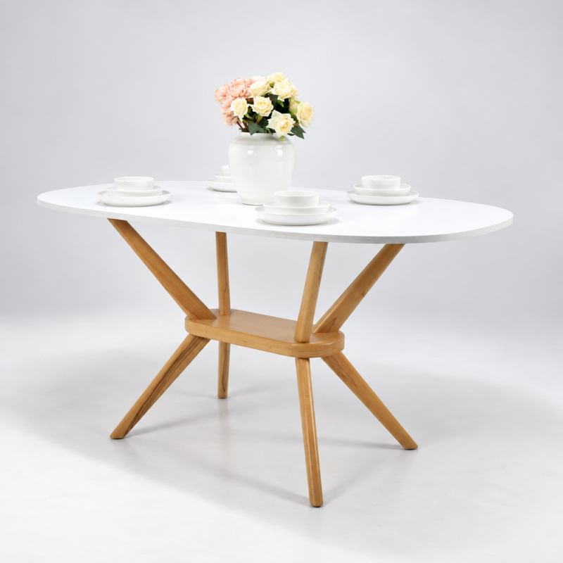 Table à manger ovale avec plateau blanc et pieds en bois naturel, intégrée dans un décor intérieur simple et assorti sans chaises