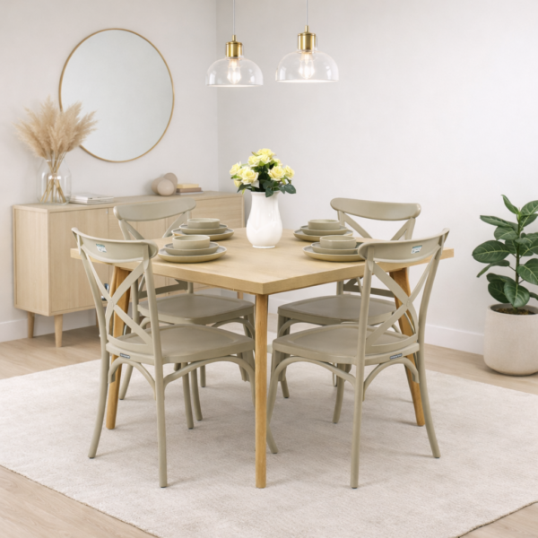 Salle à manger moderne composée d’une table en bois clair et de quatre chaises beige, intégrée dans un décor lumineux avec suspension en verre, buffet minimaliste et miroir rond.