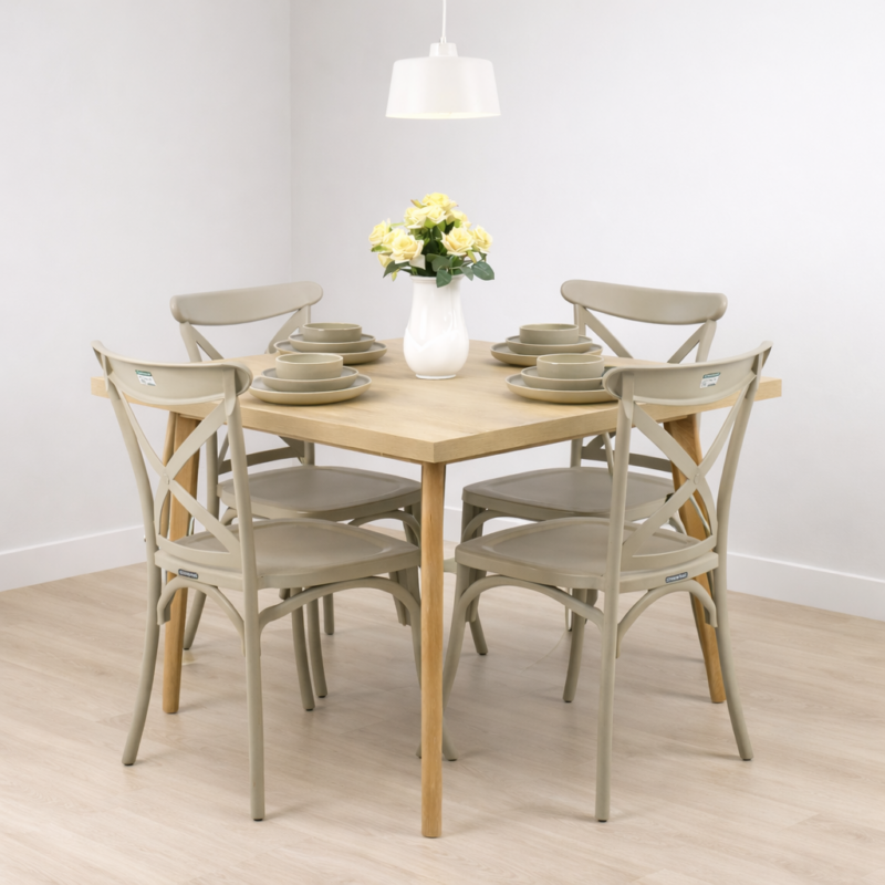 Salle à manger moderne composée d’une table en bois clair et de quatre chaises beige, mise en scène dans un décor lumineux et épuré avec suspension blanche.