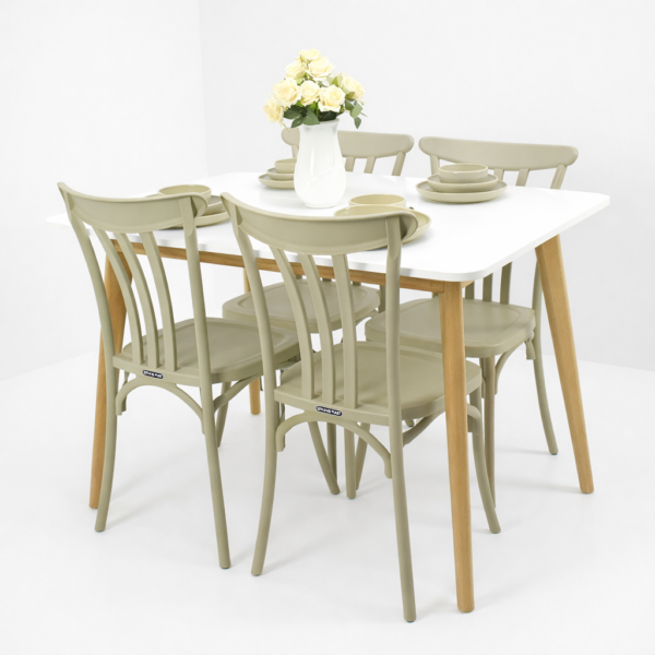 Salle à manger moderne 4 places avec table blanche et chaises grèges, style scandinave minimaliste