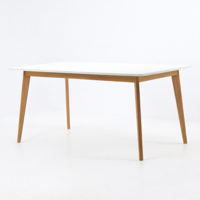 Table à manger moderne style scandinave avec plateau blanc et pieds en bois naturel sur fond clair
