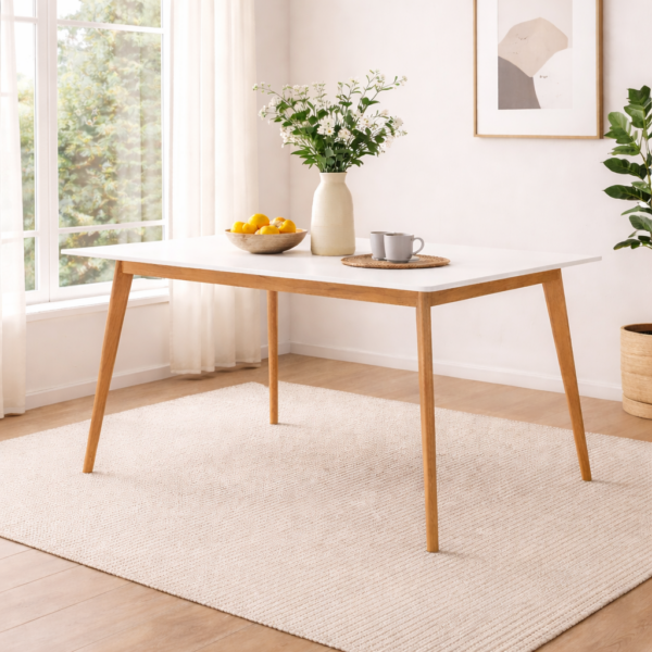 Table à manger scandinave avec plateau blanc et pieds en bois naturel intégrée dans un décor minimaliste et lumineux sans chaises