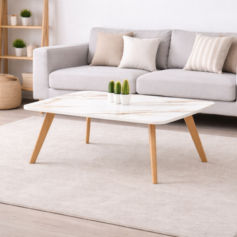 Table basse rectangulaire effet marbre blanc avec pieds en bois naturel, intégrée dans un salon moderne avec canapé gris et tapis clair.