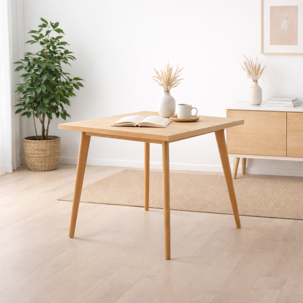 Table carrée en bois naturel avec pieds en bois massif, style scandinave épuré sur fond blanc