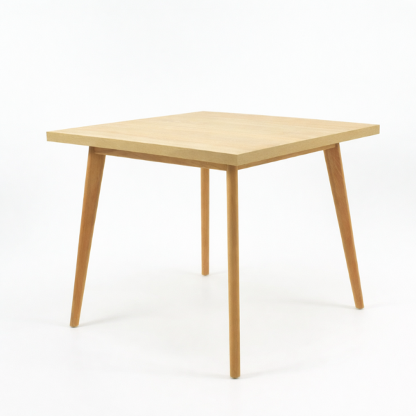 Table carrée en bois naturel avec pieds inclinés, décorée d’un vase, d’un livre et d’une tasse dans un intérieur minimaliste et lumineux.