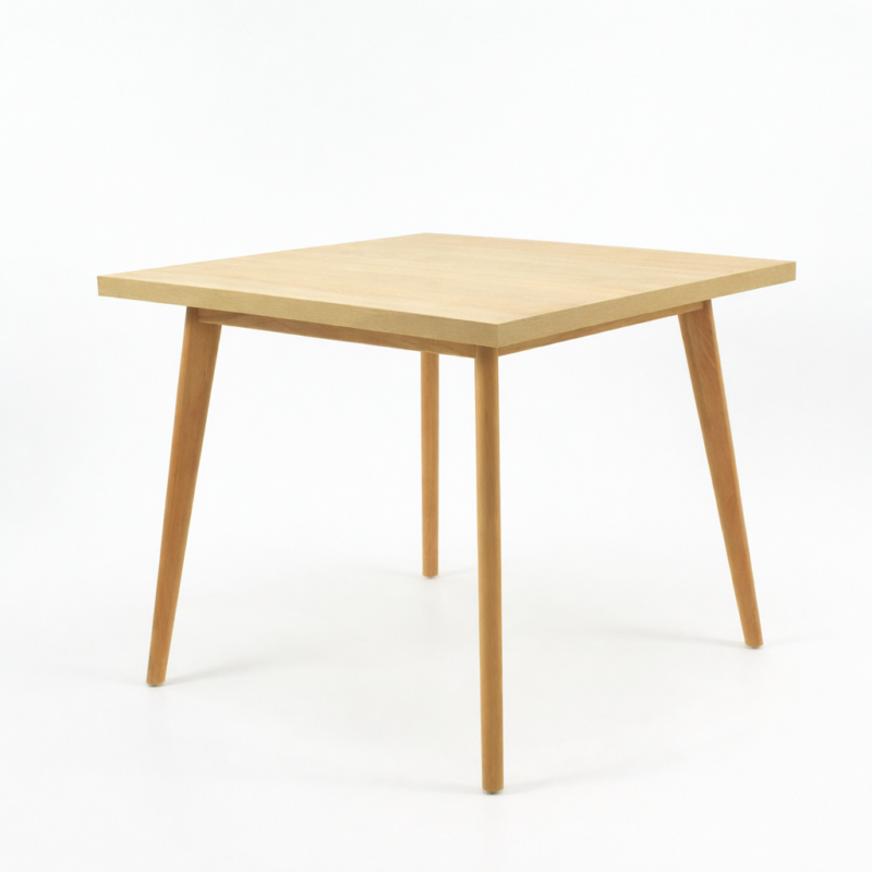 Table carrée en bois naturel avec pieds inclinés, décorée d’un vase, d’un livre et d’une tasse dans un intérieur minimaliste et lumineux.