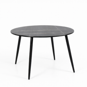 Table ronde noire avec plateau effet marbre et pieds en bois massif, design moderne