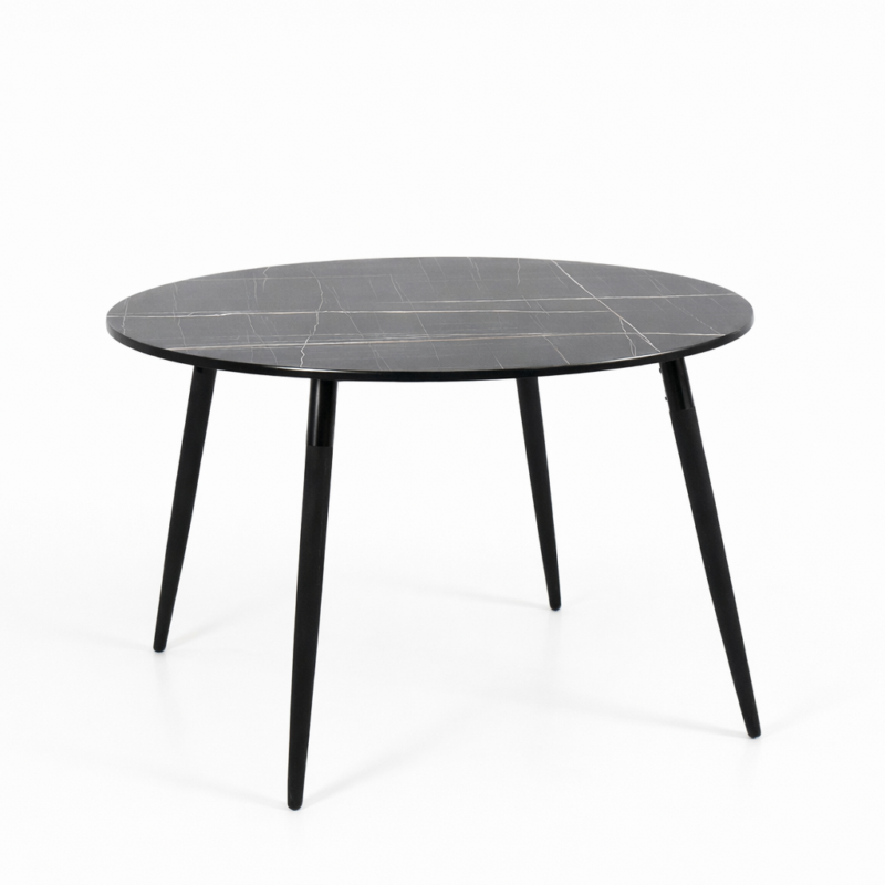 Table ronde noire avec plateau effet marbre et pieds en bois massif, design moderne