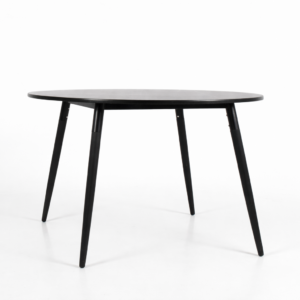 Table ronde noire avec plateau effet marbre et pieds en bois massif, design moderne
