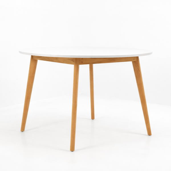 Table ronde design scandinave avec plateau blanc lisse et pieds en bois naturel, style minimaliste, idéale pour salle à manger moderne.