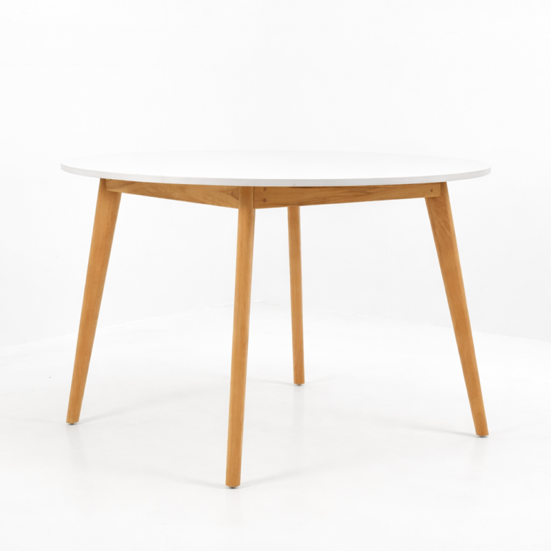 Table ronde design scandinave avec plateau blanc lisse et pieds en bois naturel, style minimaliste, idéale pour salle à manger moderne.