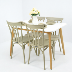 Salle à manger moderne 4 places avec table blanche et chaises grèges, style scandinave minimaliste