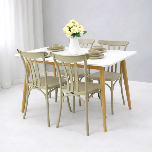 Salle à manger moderne 4 places avec table blanche et chaises grèges, style scandinave minimaliste