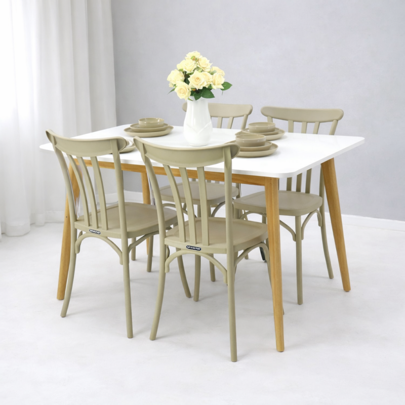 Salle à manger moderne 4 places avec table blanche et chaises grèges, style scandinave minimaliste