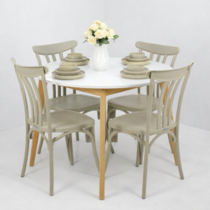Salle à manger ronde moderne avec table blanche et quatre chaises beige, pieds en bois naturel, style élégant et contemporain – Disponible en Tunisie.