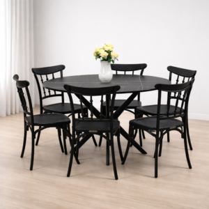Ensemble salle à manger noir au design élégant avec table ronde effet marbre et six chaises assorties.
