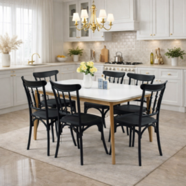 Salle à manger moderne avec table blanche et six chaises noires, design élégant avec pieds en bois naturel – Disponible en Tunisie.