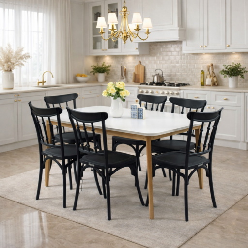 Salle à manger moderne avec table blanche et six chaises noires, design élégant avec pieds en bois naturel – Disponible en Tunisie.