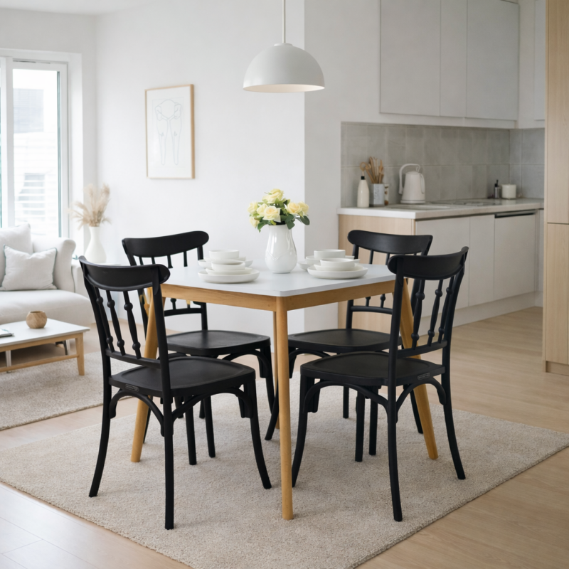Salle à manger moderne et minimaliste avec table blanche, pieds bois et quatre chaises noires, intégrée dans un intérieur contemporain – Tunisie