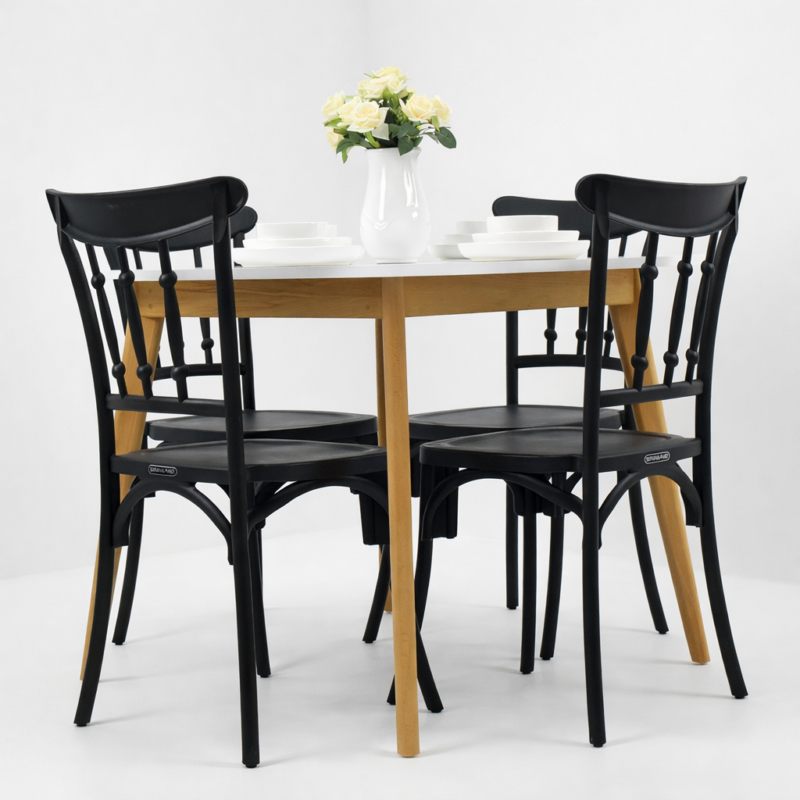 Table à manger moderne avec plateau blanc, pieds bois et quatre chaises noires élégantes – Tunisie