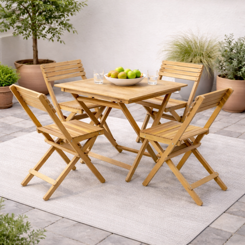 Table pliante carrée en bois naturel avec quatre chaises pliantes, installée sur une terrasse moderne avec plantes et décor épuré