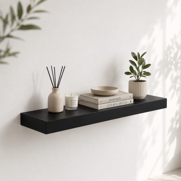 Étagère murale flottante noire avec accessoires décoratifs modernes, idéale pour salon, bureau, chambre ou entrée.
