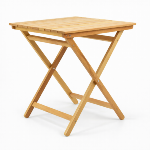 Table pliante carrée en bois naturel avec plateau à lattes et pieds croisés, sur fond blanc épuré.