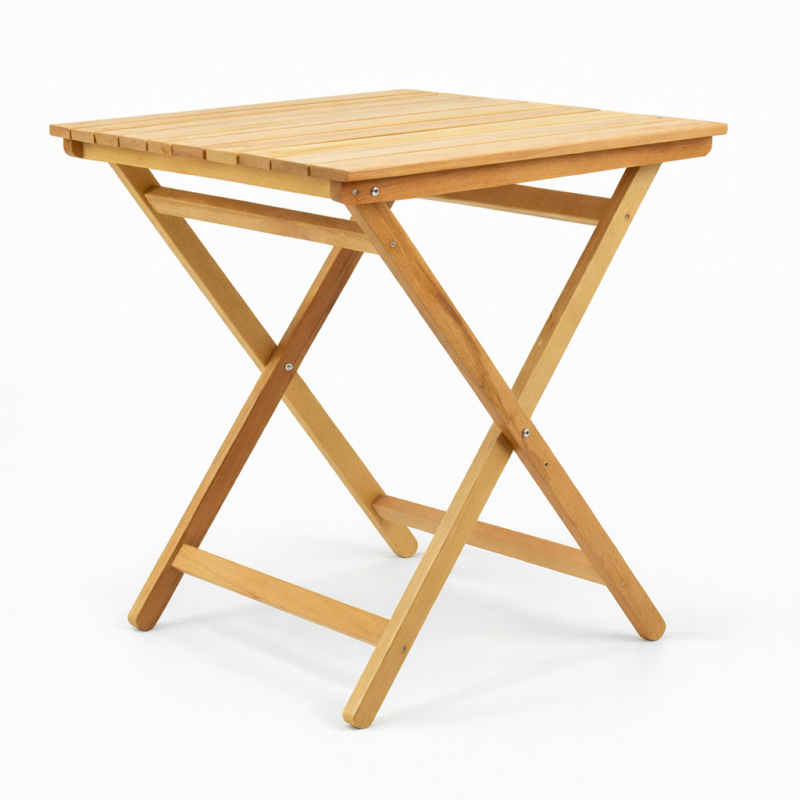 Table pliante carrée en bois naturel avec plateau à lattes et pieds croisés, sur fond blanc épuré.