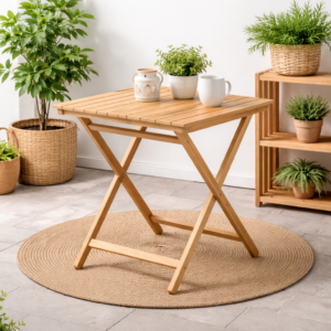 Table pliante en bois naturel avec plateau à lattes, intégrée dans un décor simple et chaleureux avec plantes décoratives.