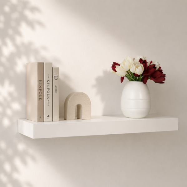 Étagère murale flottante blanche dans un décor minimaliste beige avec vase décoratif et fleurs.