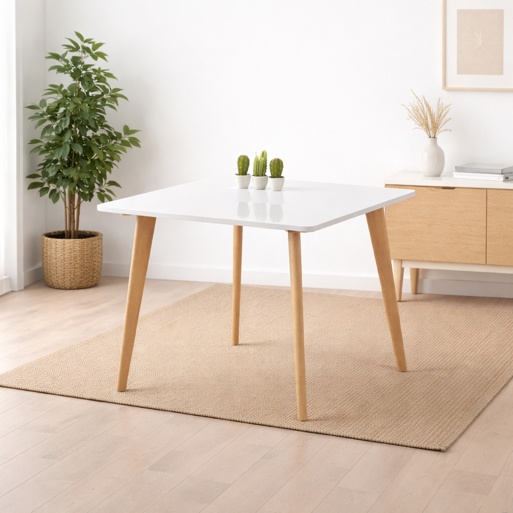 Table carrée blanche avec pieds en bois naturel intégrée dans un décor minimaliste lumineux, sans chaises, avec plantes décoratives.