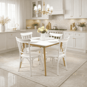 Salle à manger blanche avec table et quatre chaises en bois, installée dans une cuisine moderne lumineuse, décor élégante – Disponible en Tunisie.